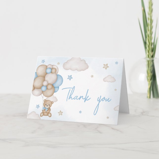 Carte De Remerciements Baby shower de ballon à ours bleu (Devant)