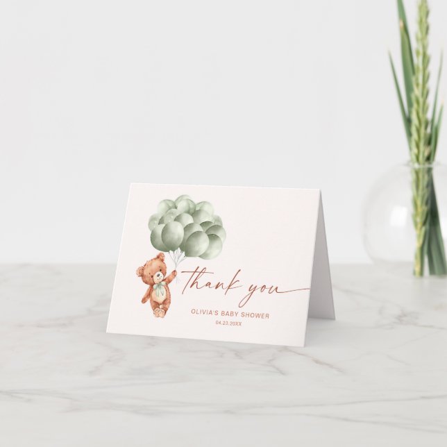 Carte De Remerciements Baby shower de ballons d'ours vert Sage (Devant)