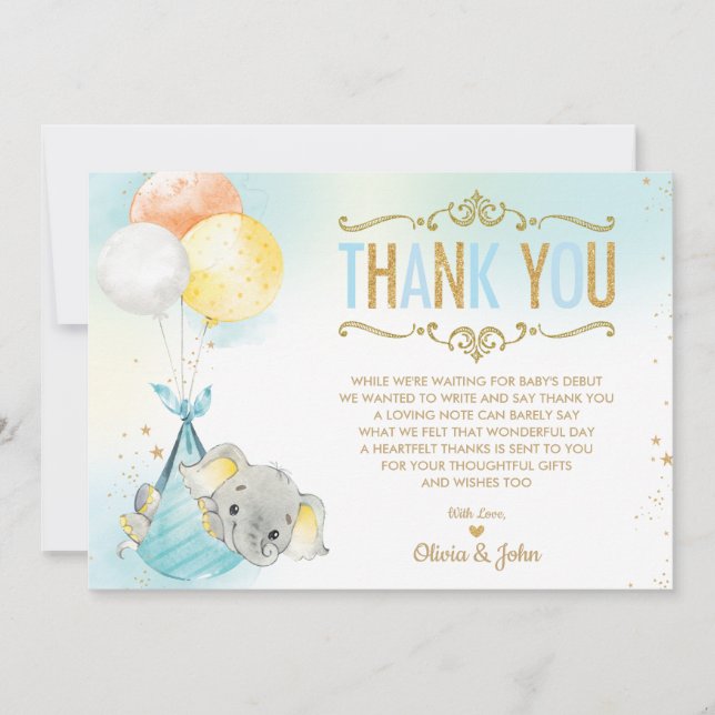 Carte De Remerciements Baby shower de bambins éléphants saupoudré (Devant)