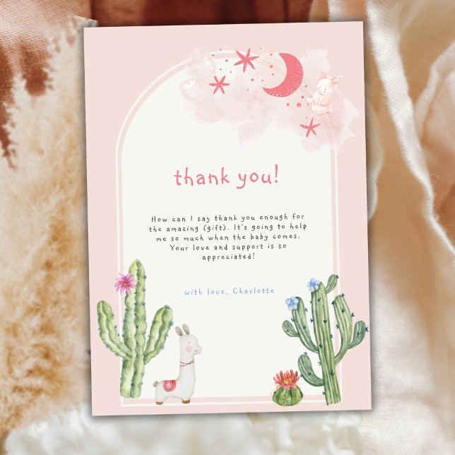 Carte De Remerciements Baby shower de cactus à arc rose neutre (Neutral Pink Boho Arch Cactus Baby Shower Thank You Card)