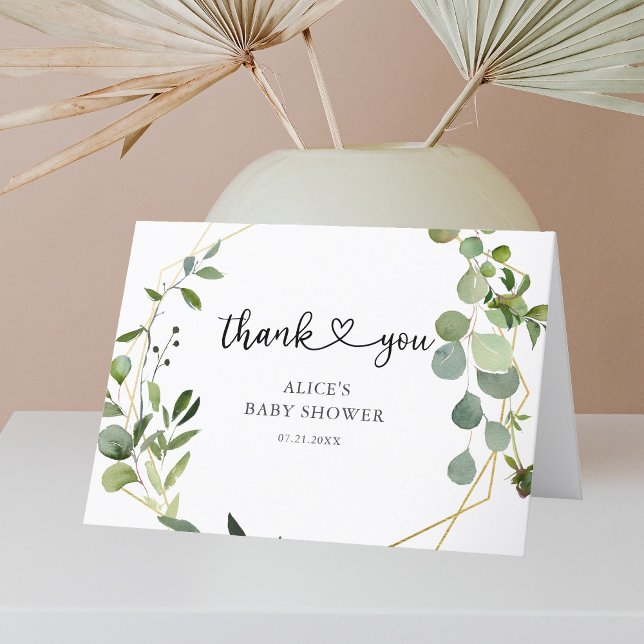 Carte De Remerciements Baby shower de calligraphie cardiaque Eucalyptus v (Créateur téléchargé)