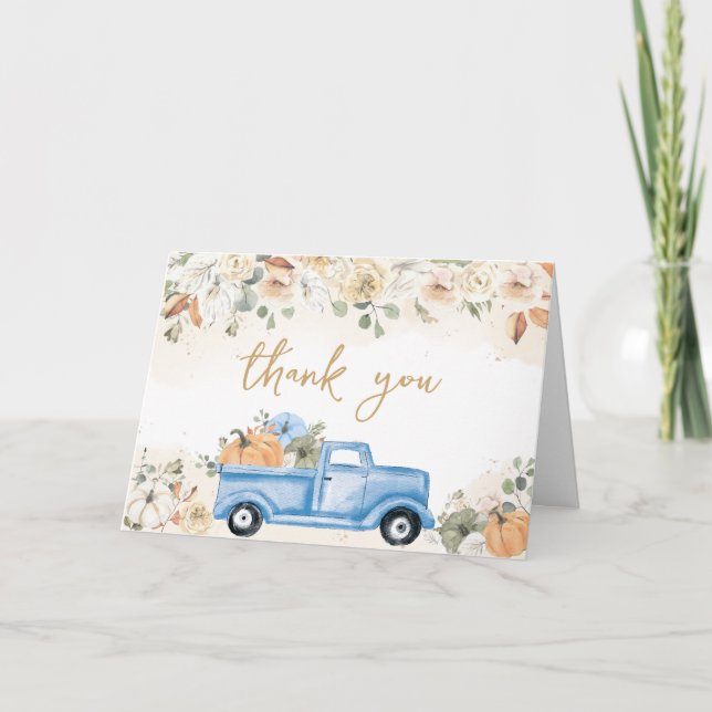 Carte De Remerciements Baby shower de camion bleu petit Citrouille (Devant)