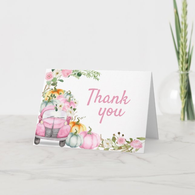 Carte De Remerciements Baby shower de camion Citrouille de Pink Fall (Devant)