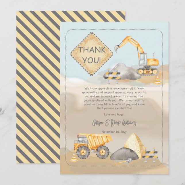 Carte De Remerciements Baby shower de camion de construction (Devant / Derrière)