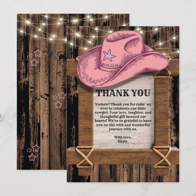 Carte De Remerciements Baby shower de Casquette Russe Rose Cowgirl (Devant / Derrière)