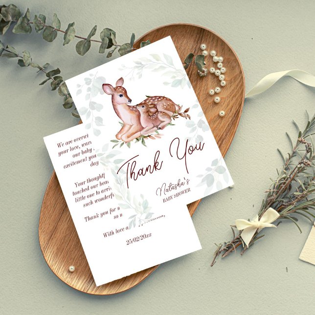 Carte De Remerciements Baby shower de cerfs (Oh deer woodlands deer baby shower thank you cards cute mother deer and a foal forest leaves)
