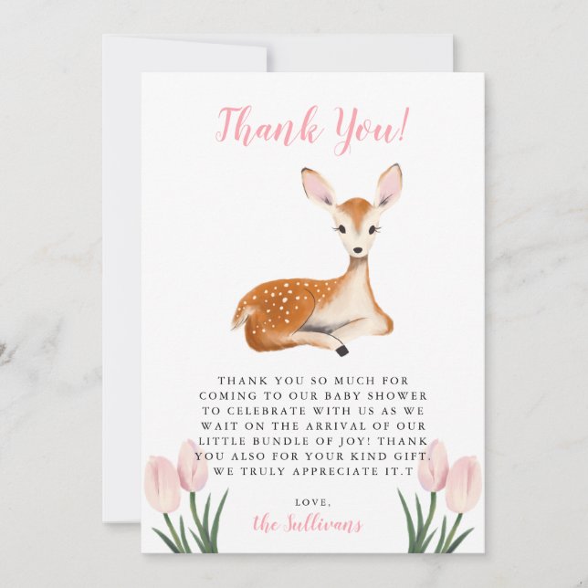Carte De Remerciements Baby shower de cerfs roses rustiques (Devant)