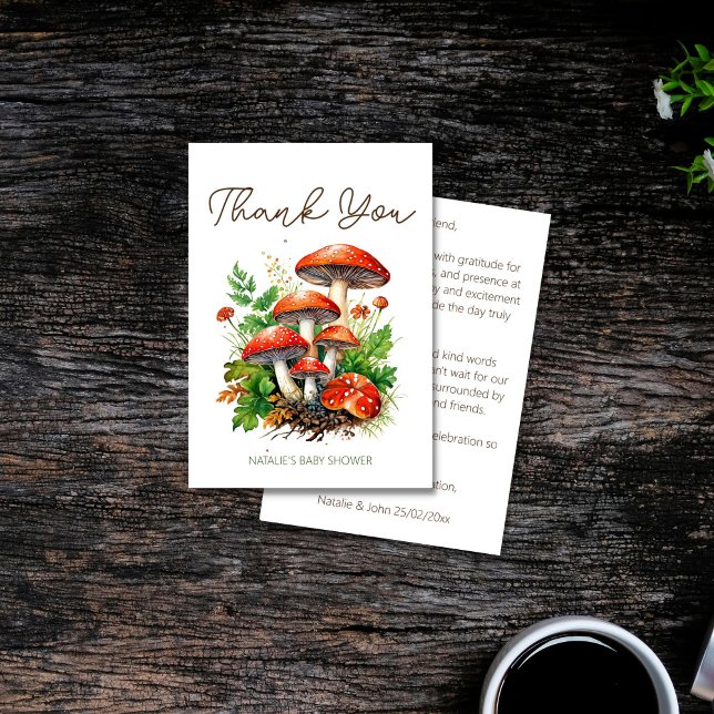 Carte De Remerciements Baby shower de champignons sauvages (Wild forest red mushrooms green fern baby shower thank you card enchanted forest magic mushroom)