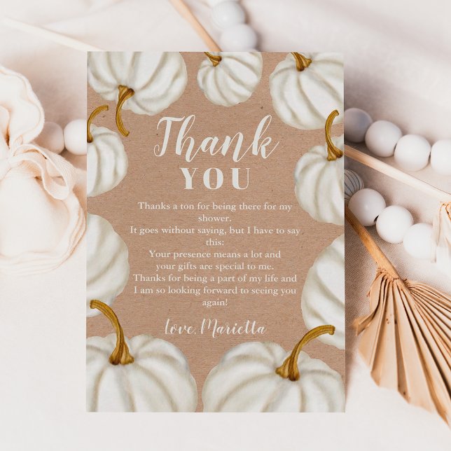 Carte De Remerciements Baby shower de chute blanc Little citrouille (White Little pumpkin kraft fall baby shower Thank You Card)