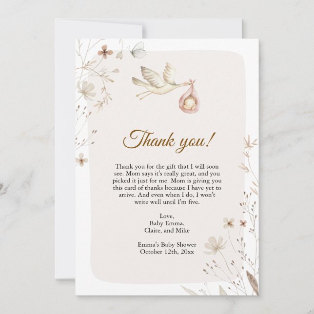 Carte de remerciements Baby shower de cigogne (Devant)