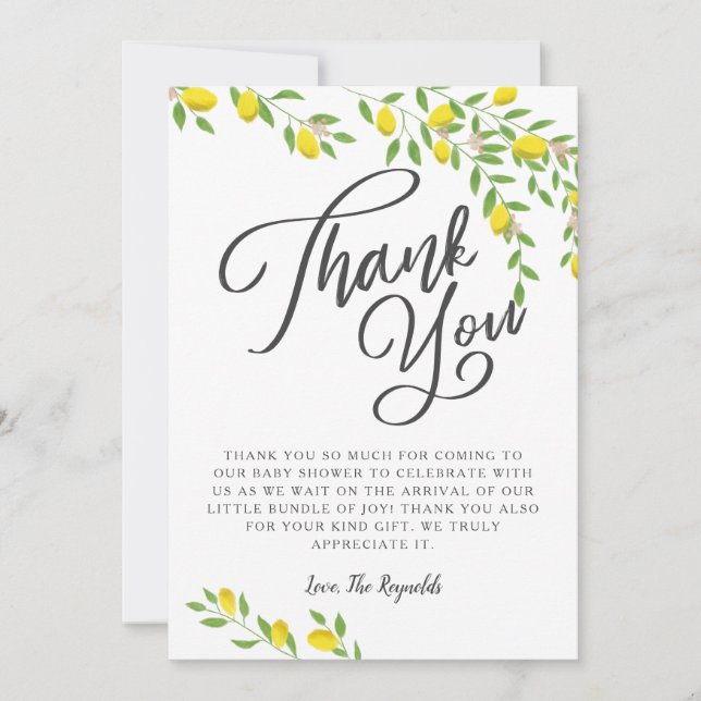 Carte De Remerciements Baby shower de citrons rustiques (Devant)