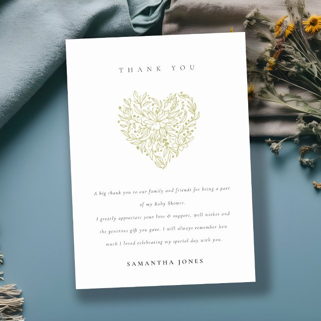 Carte De Remerciements Baby shower de coeur floral vert et doux (Créateur téléchargé)
