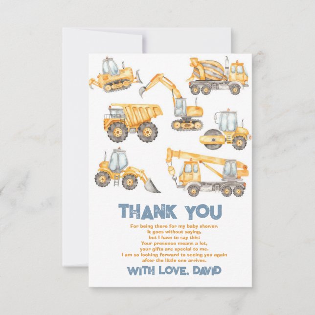 Carte De Remerciements Baby shower de construction Truck Party (Devant)