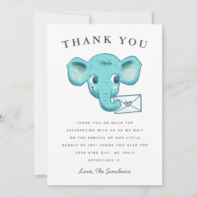 Carte De Remerciements Baby shower de détresse sociale des éléphants bleu (Devant)