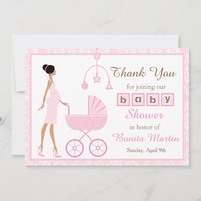 Carte De Remerciements Baby shower de femme afro-américaine rose Damask (Devant)