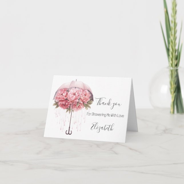 Carte De Remerciements Baby shower de Fête des mariées à parapluie rose (Devant)