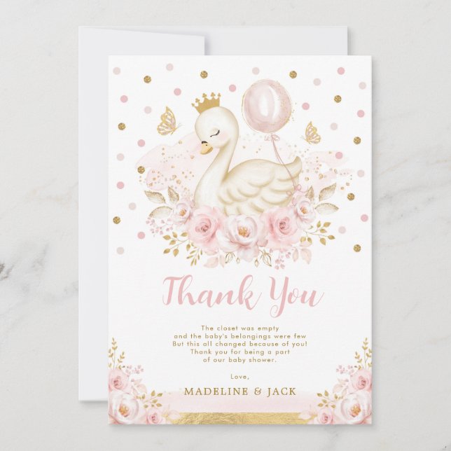 Carte De Remerciements Baby shower de fille à balloon rose Swan Princess (Devant)