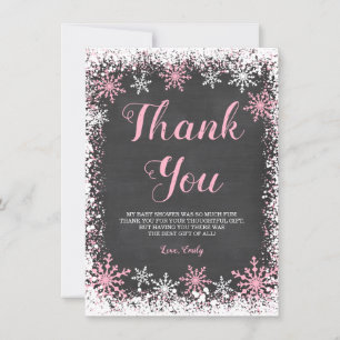 Carte De Remerciements Baby shower de fille de flocon de neige blanc rose