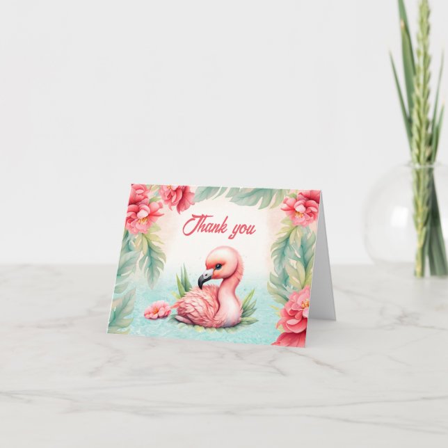 Carte De Remerciements Baby shower de fille Flamant rose rose d'été tropi (Devant)