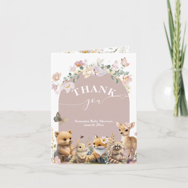 Carte De Remerciements Baby shower de fille fleur sauvage des animaux des (Devant)
