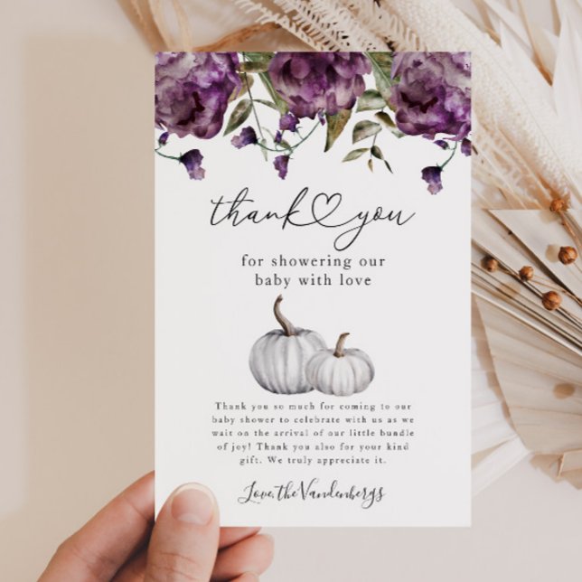 Carte De Remerciements Baby shower de fleurs violet citrouille (Créateur téléchargé)
