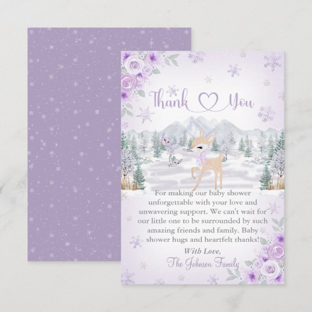 Carte De Remerciements Baby shower de Flocon de neige violet de cerf d'hi (Devant / Derrière)