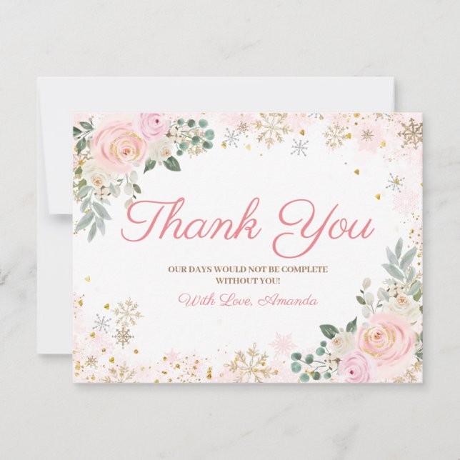 Carte De Remerciements Baby shower de flocons de neige rose hiver (Devant)