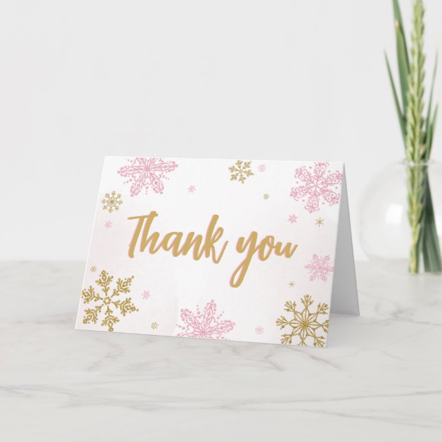 Carte De Remerciements Baby shower de flocons d'or rose (Devant)
