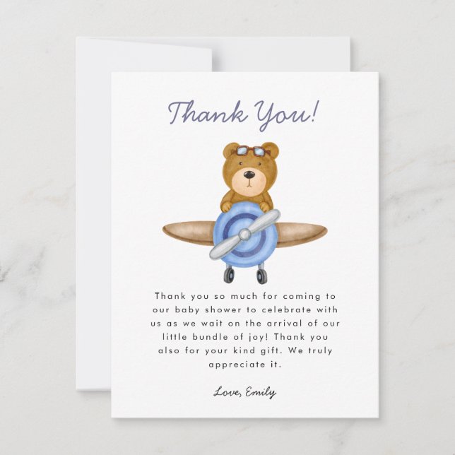 Carte De Remerciements Baby shower de garçon d'avion (Devant)