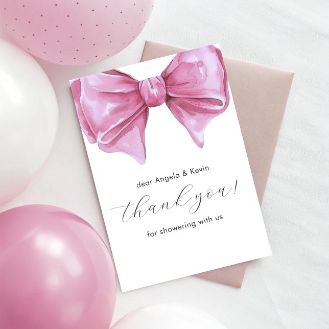 Carte De Remerciements Baby shower de la corbeille rose (Girly Pink Watercolor Bow Baby Shower Thank You Card)