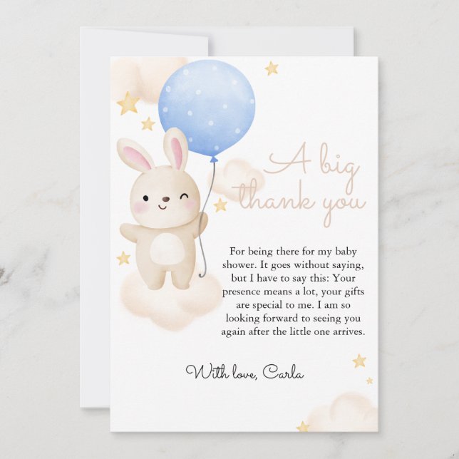 Carte De Remerciements Baby shower de lapin mignon bleu garçon (Devant)