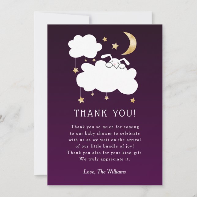 Carte De Remerciements Baby shower de lapin moelleux violet or doux (Devant)