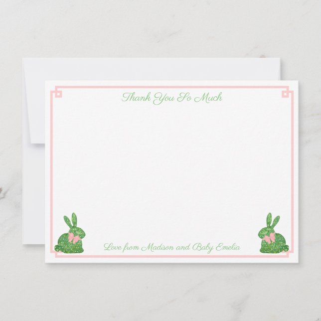 Carte De Remerciements Baby shower De Lapin Pink Et Vert Topiaire Préppé (Devant)