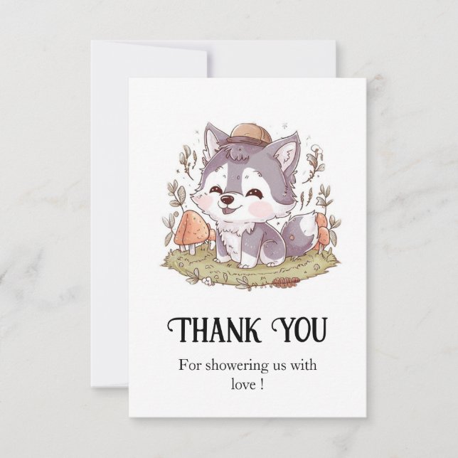 Carte De Remerciements Baby shower de loup jouant enchanté (Devant)