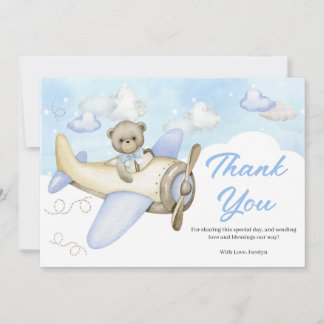 Carte De Remerciements Baby shower de l'Ours bleu Teddy de l'avion