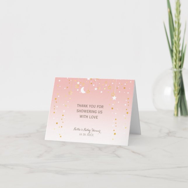 Carte De Remerciements Baby shower de lune aux étoiles roses (Devant)