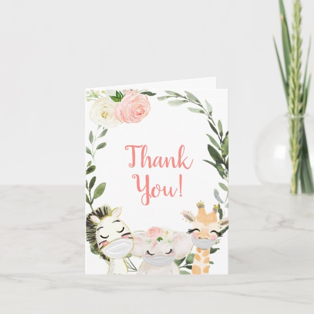 Carte De Remerciements baby shower de masques pour animaux safari vert ro (Devant)