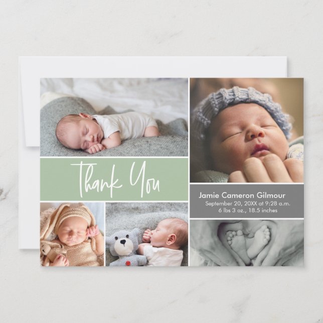Carte De Remerciements Baby shower de naissance Soft Green Custom Photo C (Devant)