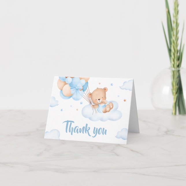 Carte De Remerciements Baby shower de nuages d'attente Bleu Bearly (Devant)