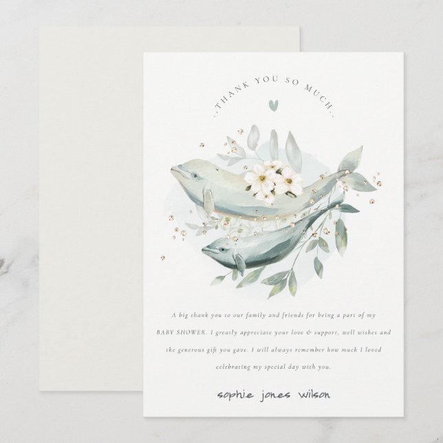 Carte De Remerciements Baby shower de poissons de baleines florales Paste (Devant / Derrière)