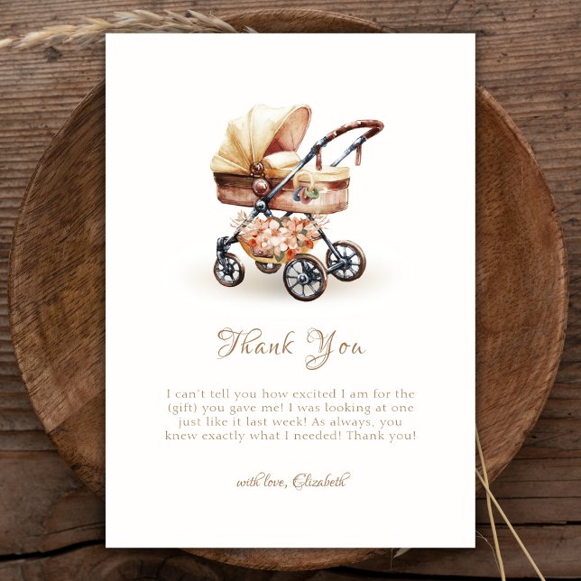 Carte De Remerciements Baby shower de poussette florale Boho neutre pour  (Gender Neutral Boho Floral Stroller Baby Shower Thank You Card)