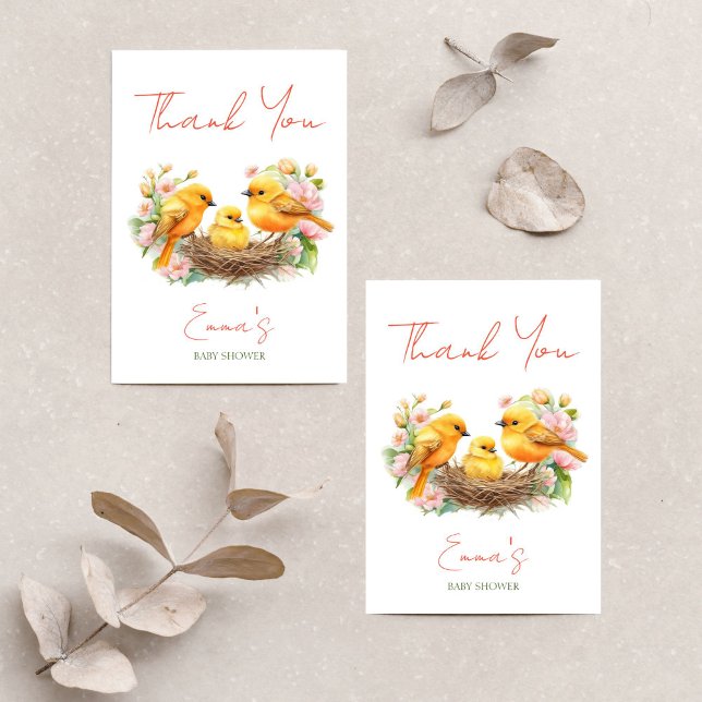 Carte De Remerciements Baby shower de printemps de l'éclosion de petits o (Little birdie hatching soon spring baby shower thank you card cute canary birds with baby chick)