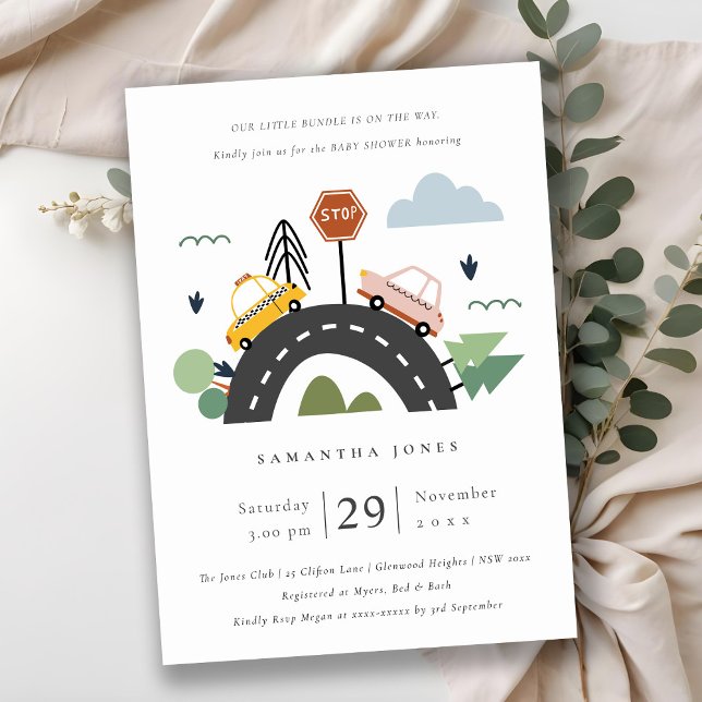 Carte De Remerciements Baby shower de route des voitures urbaines mignonn (Créateur téléchargé)