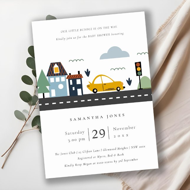Carte De Remerciements Baby shower de route des voitures urbaines mignonn (Créateur téléchargé)