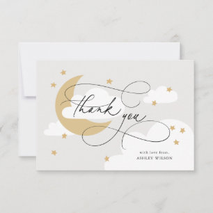 Carte De Remerciements Baby shower de script en or gris Lune et étoiles