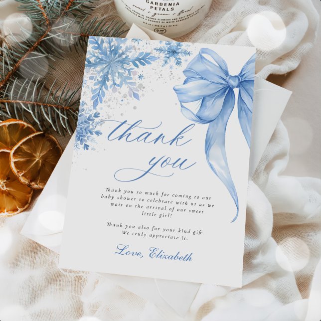 Carte De Remerciements Baby shower de snowflakes de Bow Blue Winter (Créateur téléchargé)