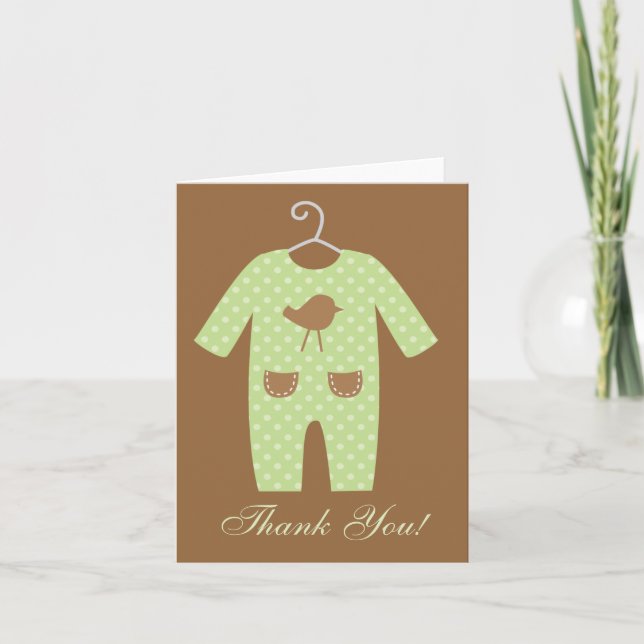 Carte De Remerciements Baby shower de tenue pour bébé vert (Devant)