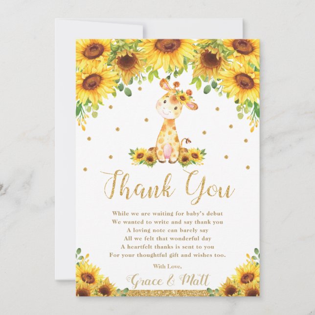 Carte De Remerciements Baby shower de tournesol de la Girafe (Devant)