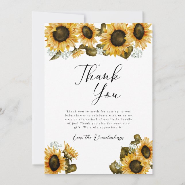 Carte De Remerciements Baby shower de tournesol jaune rustique (Devant)