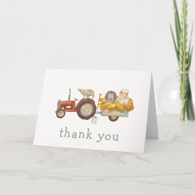 Carte De Remerciements Baby shower de tracteur de ferme de hérisson migno (Devant)